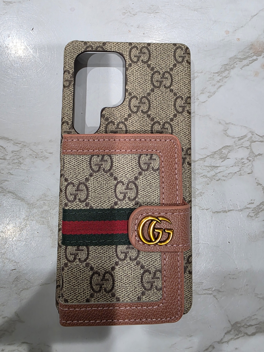 Gucci Beige Brown GG Canvas Phone Case with Pink Trim and Red-Green Stripe